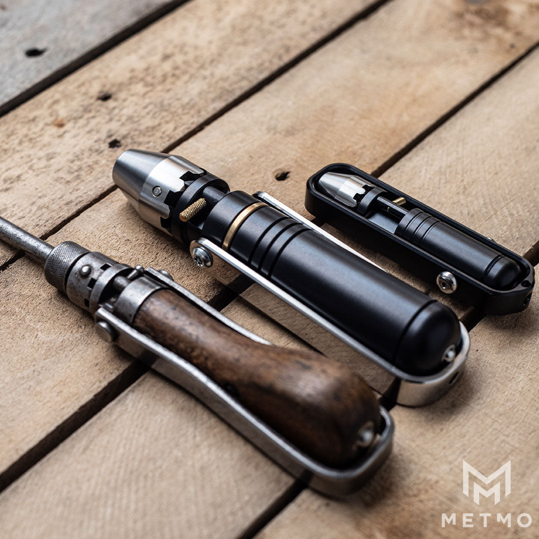 Showcase of the design progression of the MetMo Pocket Driver, placed next to the original Weltrecord screwdriver it was inspired by.