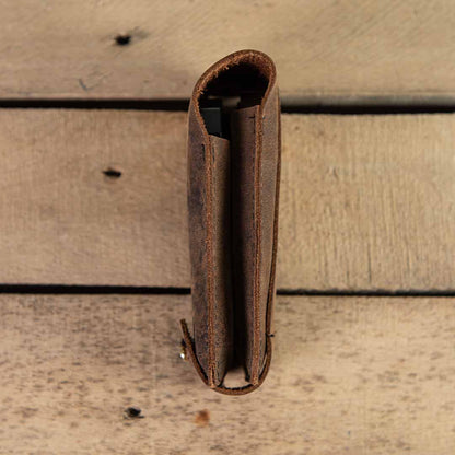 Brown leather wallet on a wooden surface