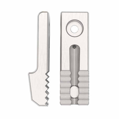 Close up of serrated jaw for pocket grip on white background