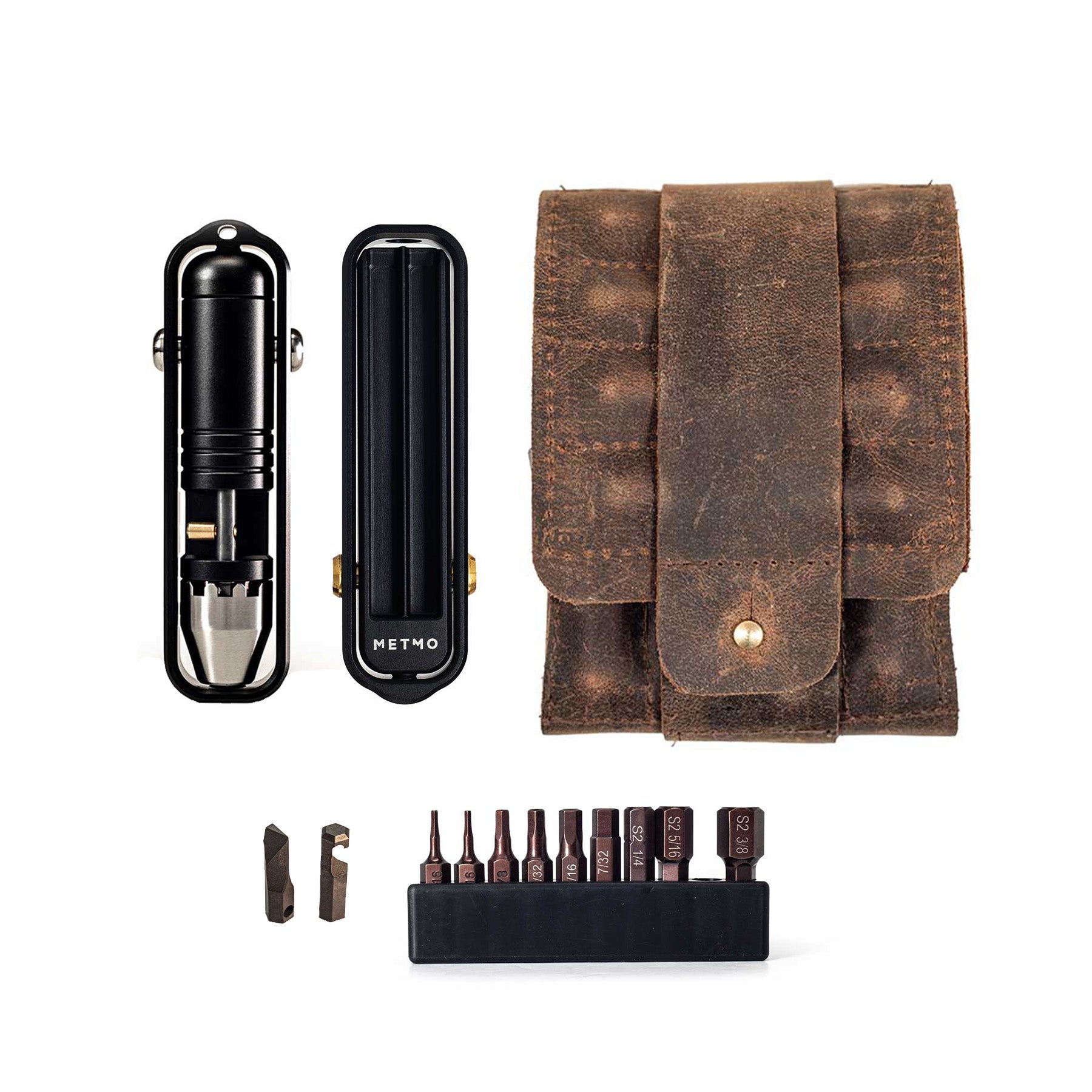 Metmo black pocket driver bundle with magnetic bit storage and hex bits, on white background 