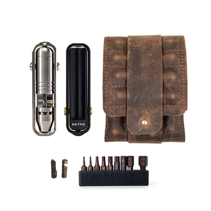 Metmo stainless steel pocket driver bundle kit, magnetic bit storage and hex bit set, on white background 