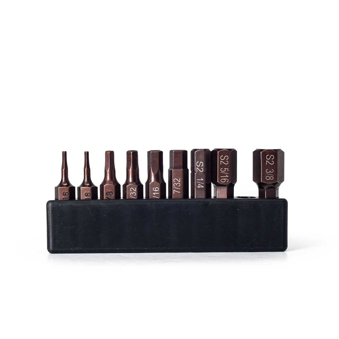 Front view of the MetMo Hex Bit imperial driver set.