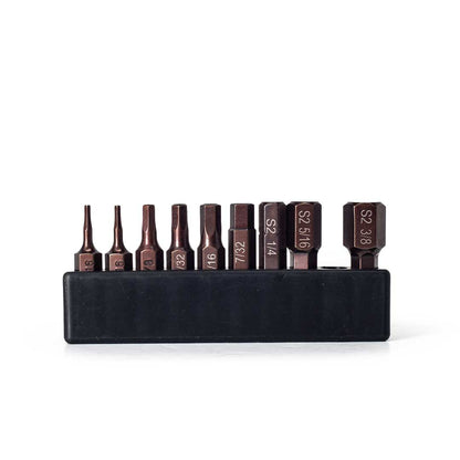 Front view of the MetMo Hex Bit imperial driver set.