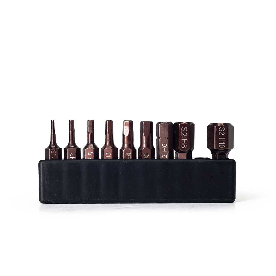 Front view of the MetMo Hex Bit metric driver set.