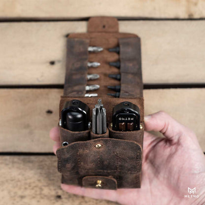 MetMo leather tool pack with the Pocket Driver and Magnetic Bit Case inside.