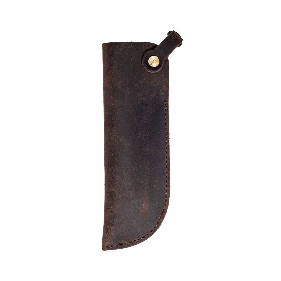 Back view of the MetMo leather pouch displaying the solid metal fittings.