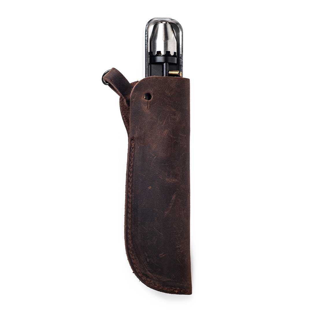 MetMo leather pouch holding the Pocket Driver.