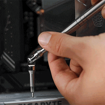 Animation of person using Universal Joint Bit (AKA The Reacher) to drive a screw.