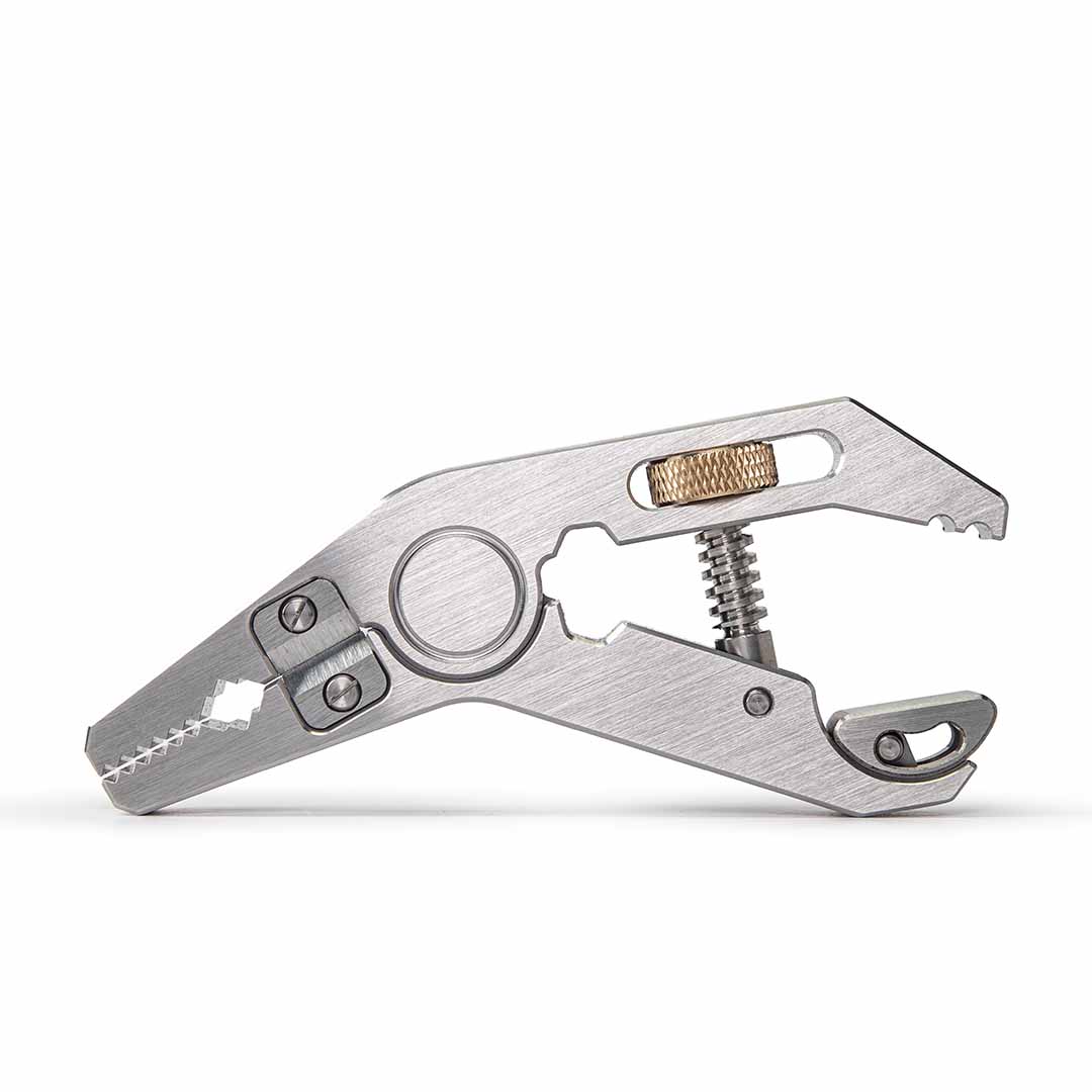 Steel Pocket Grip multitool with various uses on a white background
