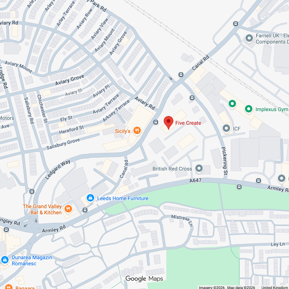 Map of a residential area and a location marker labeled 'Five Create'.