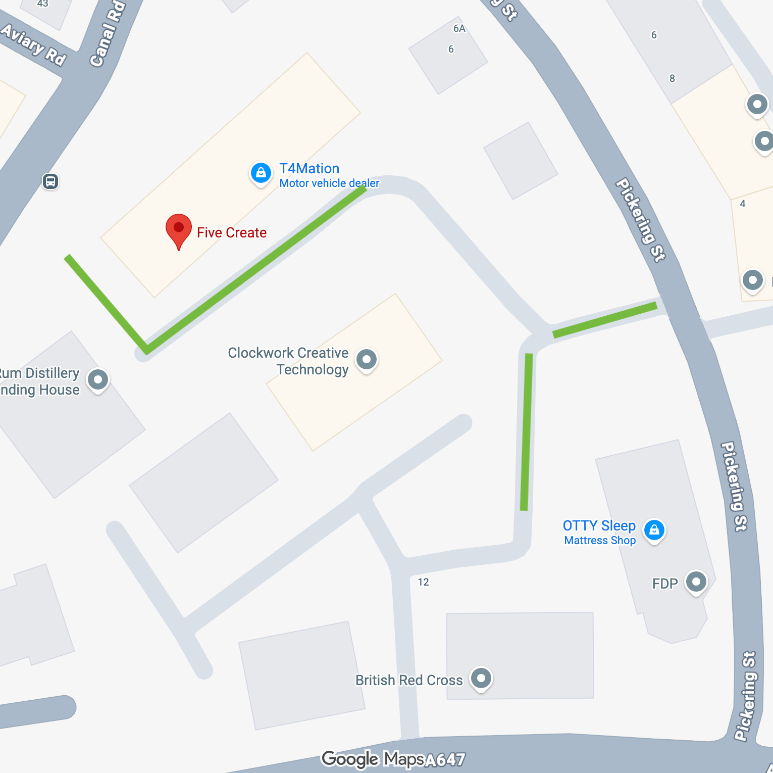 Map with a green route highlighted on a street layout