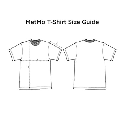 MetMo T-Shirt Size Guide with front and back views of a t-shirt