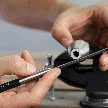 Person using MetMo Multi Drive Stubster with a number of different tool attachments, then placing in pocket.