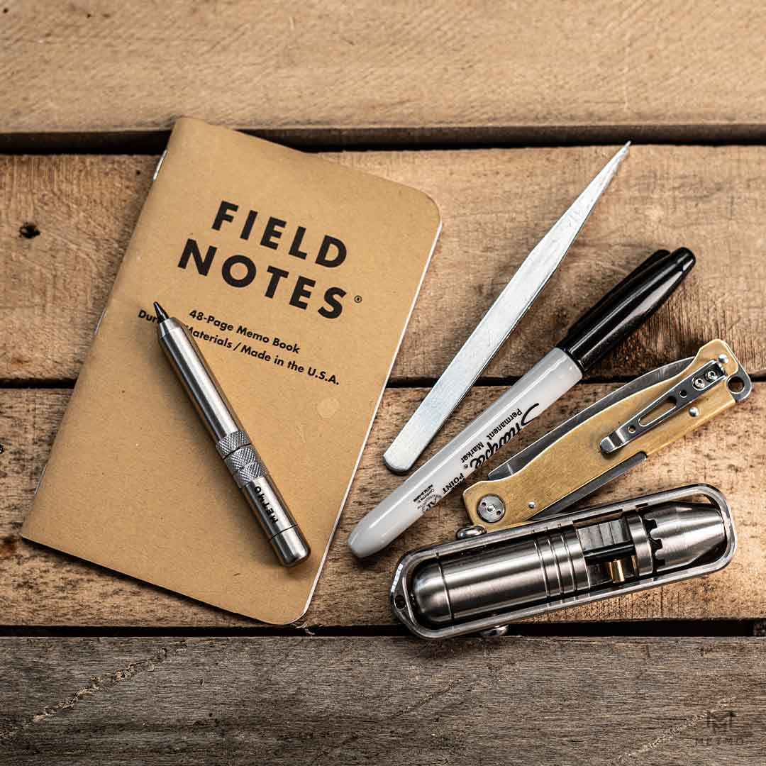 The MetMo Multi Drive Stubster on a notebook and the MetMo Pocket Driver next to other tools.