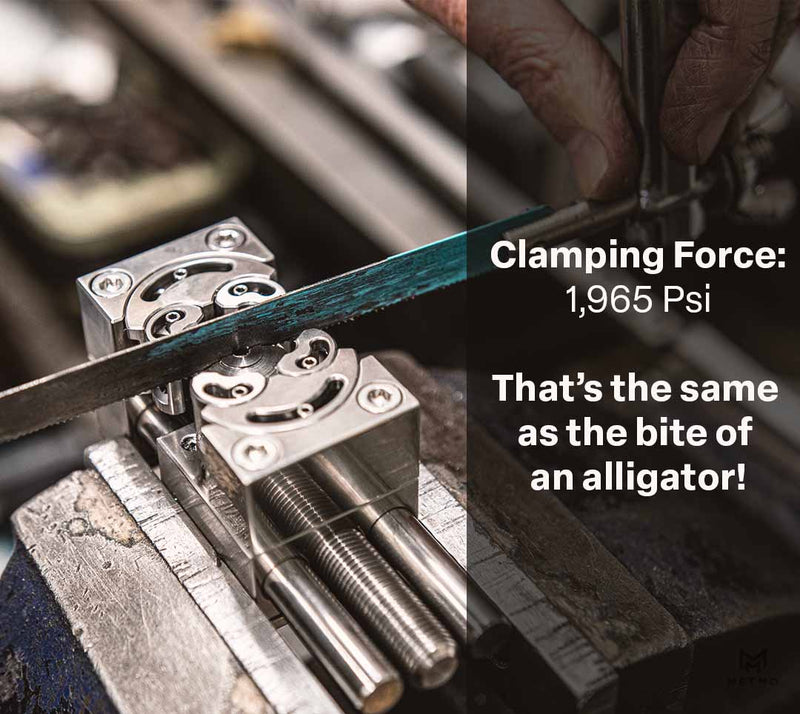 metmo fractal vice infographic stating 1965 psi clamping force with is the same as the bit of an alligator